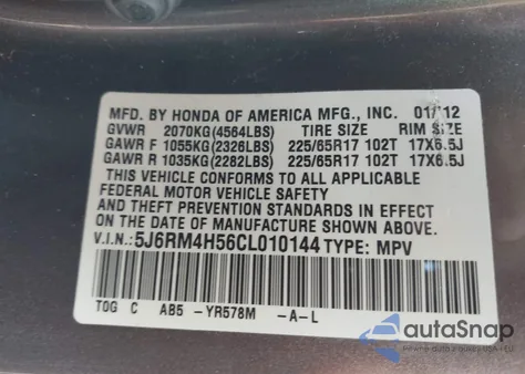 2012 Honda Cr-V Ex-L z USA, uszkodzony, nr VIN 5J6RM4H56CL010144